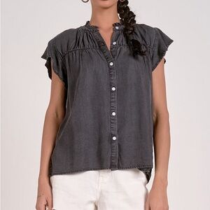Washed Black Button-Front Cap Sleeve Top
